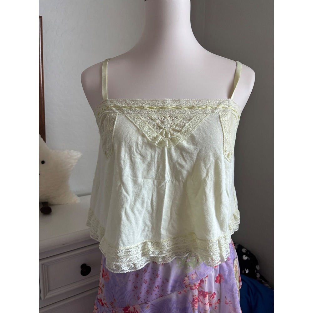 Lace Trim Cami Top Sparkle & Fade Pastel Yellow Babydoll Cottagecore Tank Medium